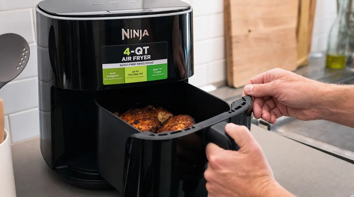 Hand pulling basket out of Ninja AF101 air fryer with golden-brown chicken thighs inside