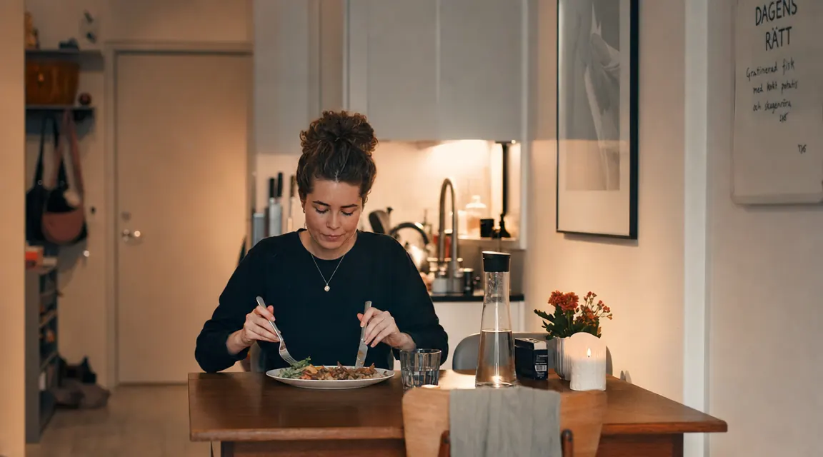 Person eating a weeknight dinner at a small apartment dining table, air fryer visible on counter in background