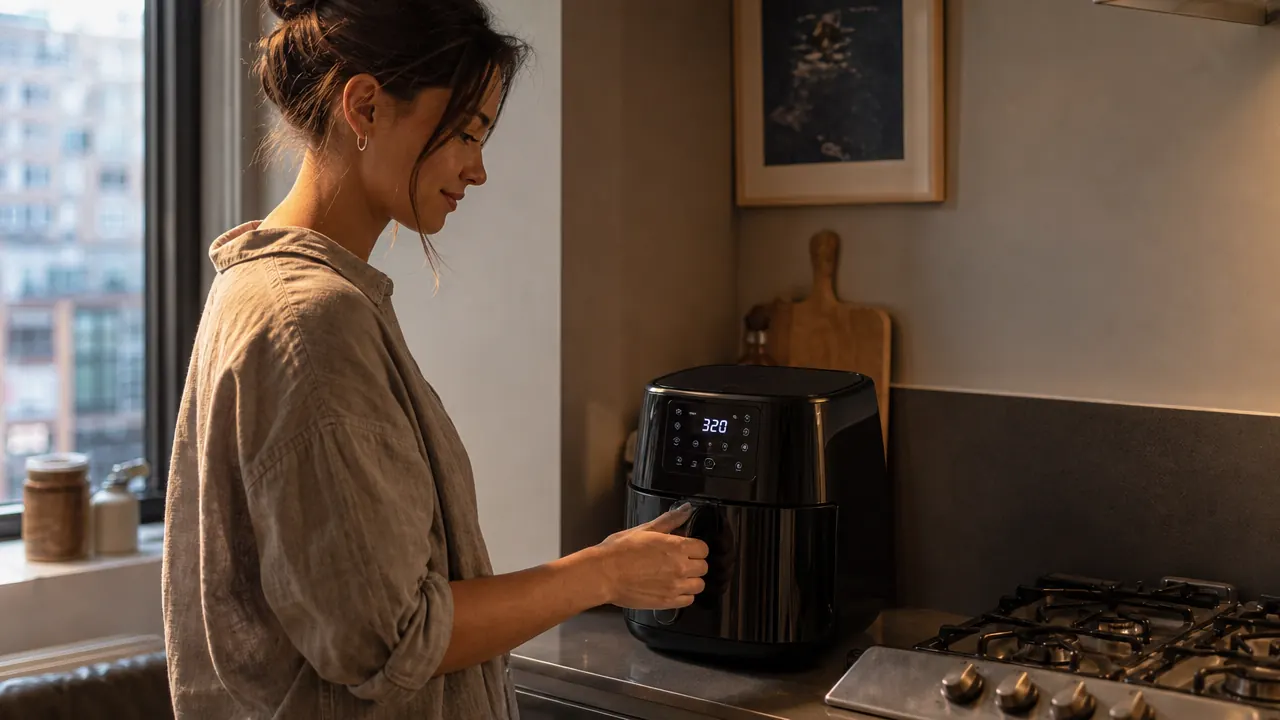 Compact Ninja air fryer on a small apartment kitchen counter next to a stovetop, morning light coming through a window