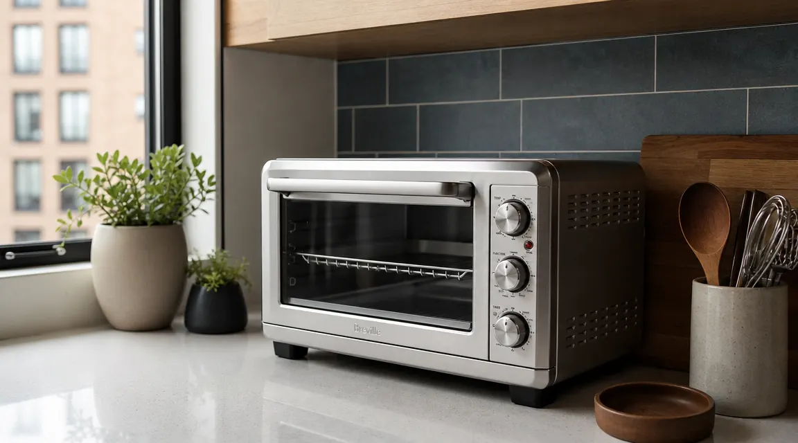 Breville BOV450XL compact toaster oven on a small apartment kitchen counter next to a coffee maker