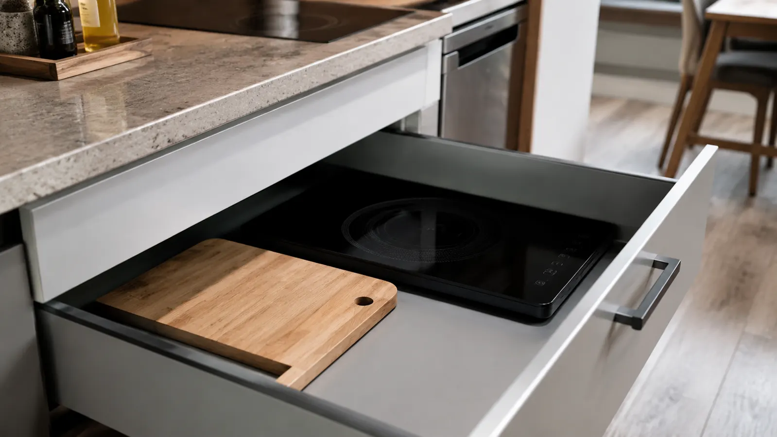 Compact induction cooktop stored flat in a kitchen cabinet drawer