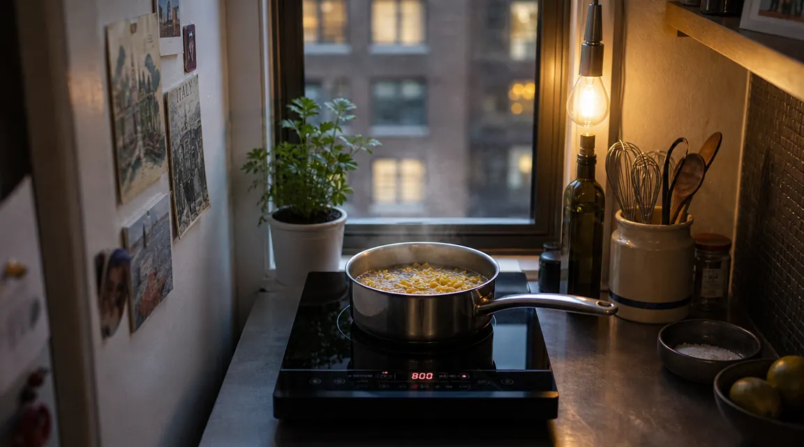 Portable induction cooktop on a small apartment kitchen counter next to a single pot of pasta