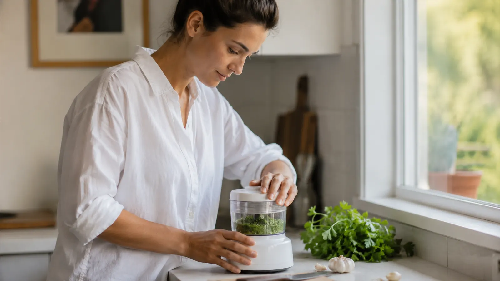 Compact white Cuisinart mini food processor on a small apartment kitchen counter next to fresh herbs and garlic