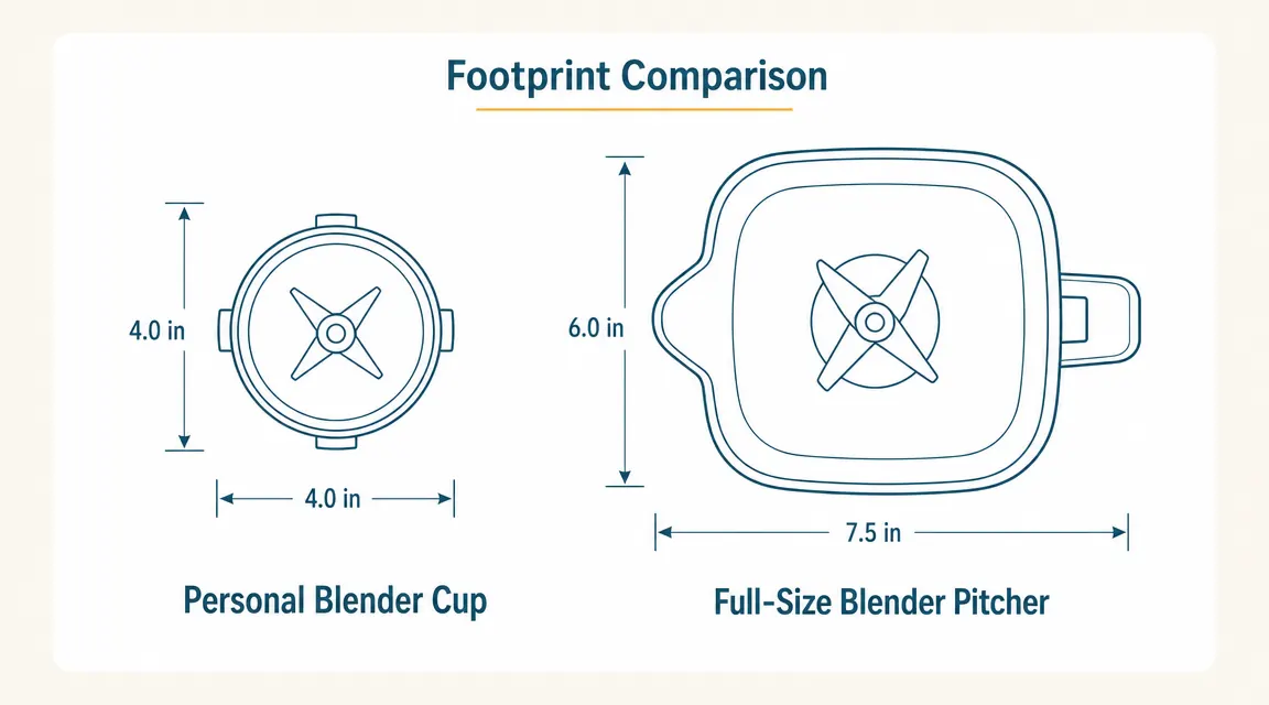Side-by-side size comparison showing a personal blender cup versus a full-size blender pitcher