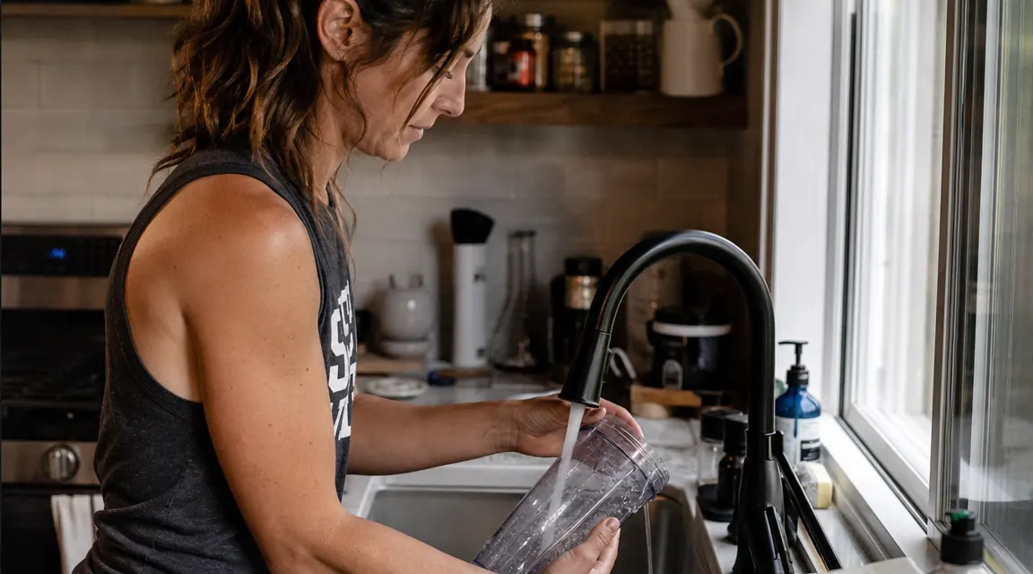 Personal blender cup being rinsed under a sink faucet after use