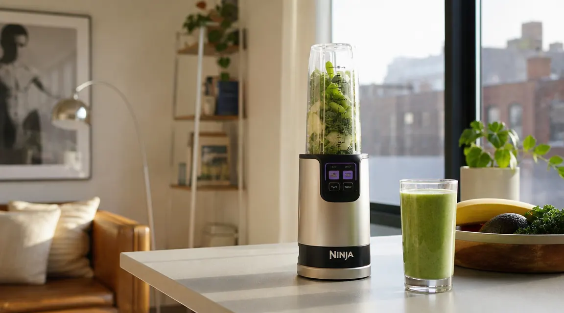 Compact personal blender sitting on a small apartment kitchen counter next to a glass of green smoothie