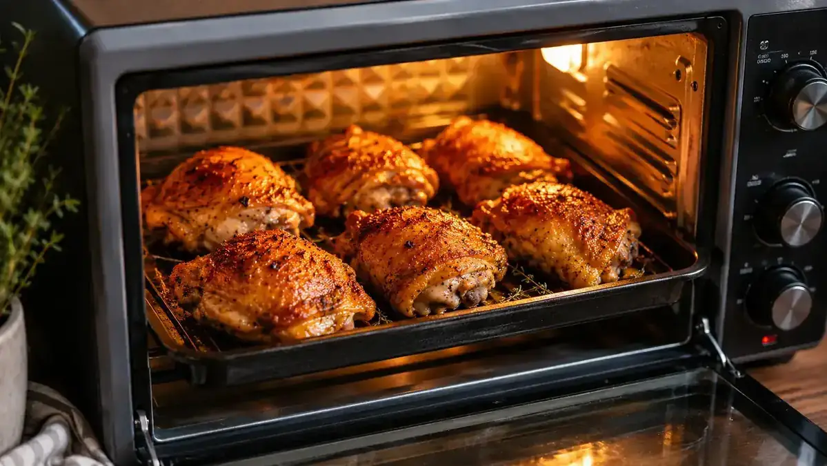 Small roasted chicken pieces on a baking tray inside a compact countertop oven