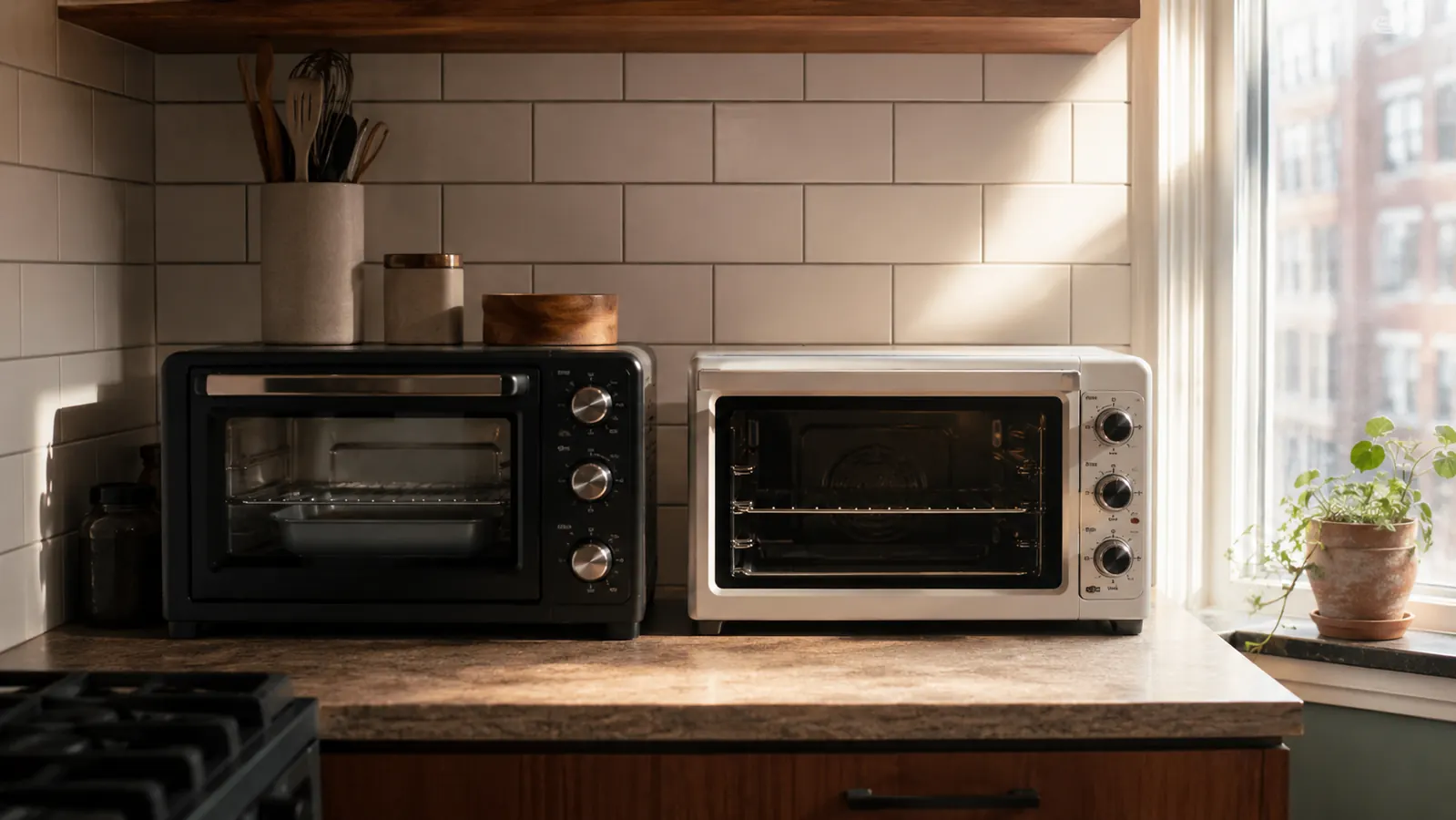 Two compact toaster ovens side by side on a small apartment kitchen counter with a tile backsplash