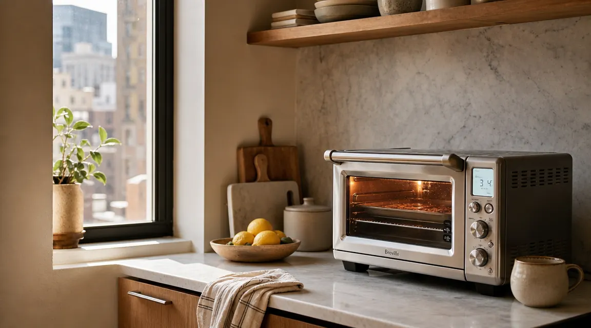 Compact stainless steel toaster oven sitting on a small apartment kitchen counter near a window, warm morning light