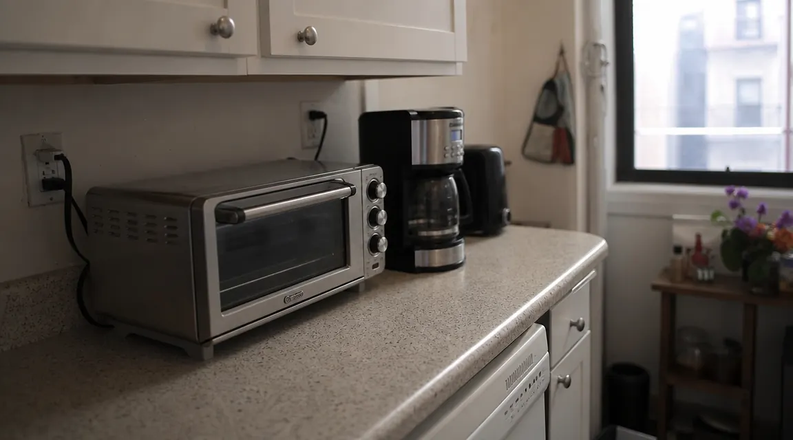 Breville BOV450XL Mini Smart Oven sitting on a narrow apartment kitchen counter next to a coffee maker, warm morning light