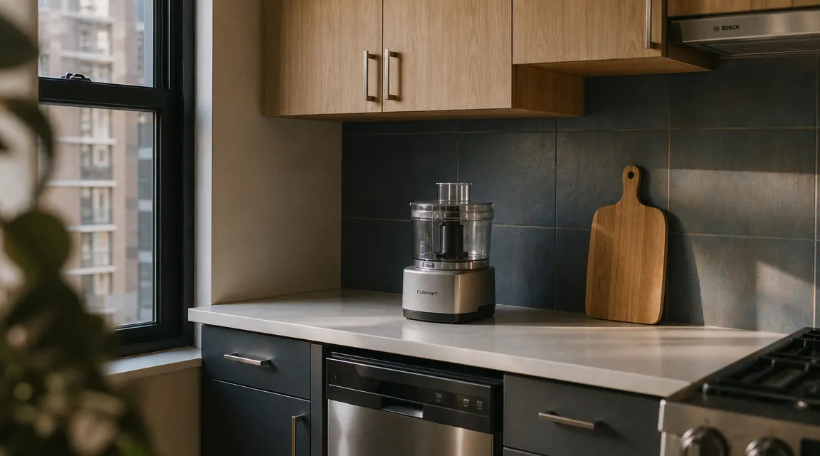 Small apartment kitchen counter with morning light, cutting board cleared, mini food processor sitting where the clutter used to be