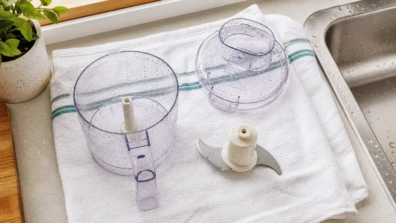 Cuisinart Mini-Prep Plus disassembled bowl, blade, and lid laid out for cleaning next to a kitchen sink