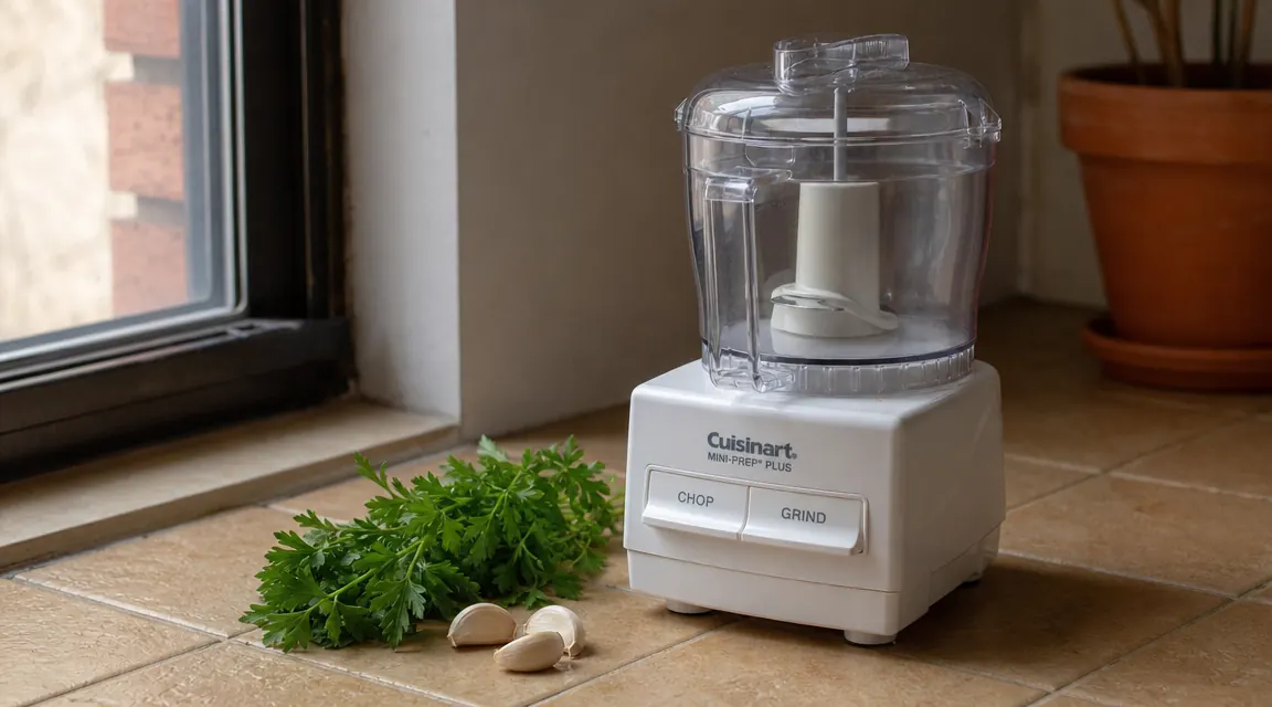 Cuisinart Mini-Prep Plus food processor on a small apartment kitchen counter beside fresh herbs and garlic
