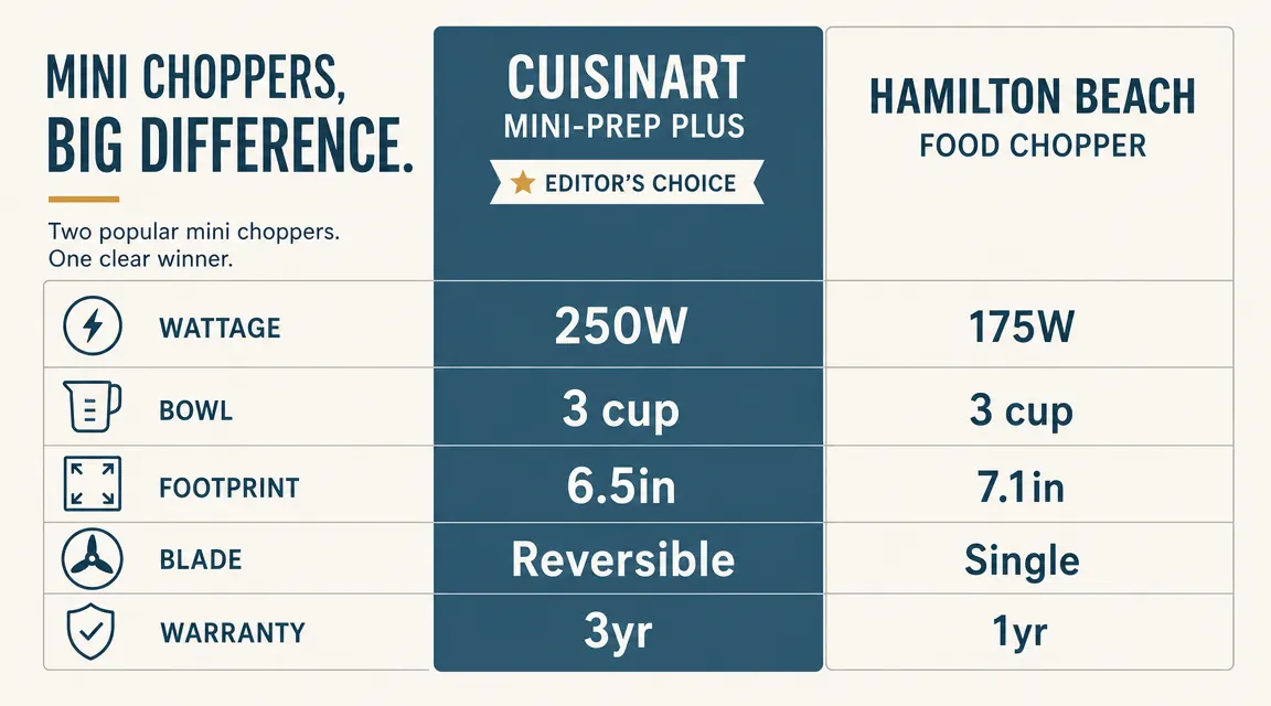 Side-by-side size comparison chart: Cuisinart Mini-Prep Plus at 6.5 inches wide versus Hamilton Beach at 7.1 inches wide