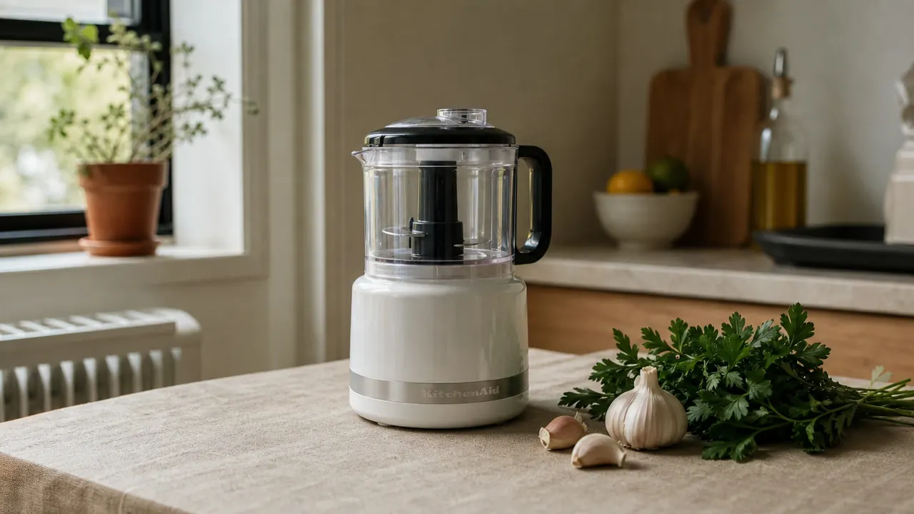 Cuisinart Mini-Prep Plus food processor on a small apartment kitchen counter next to a cutting board with garlic and herbs