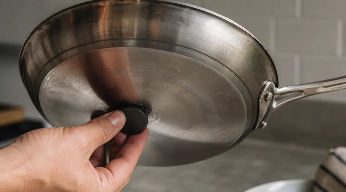 Induction cooktop compatibility test using a magnet on the bottom of a stainless steel pan