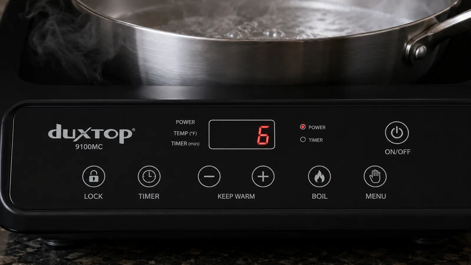Duxtop induction cooktop power level display showing level 6 during cooking