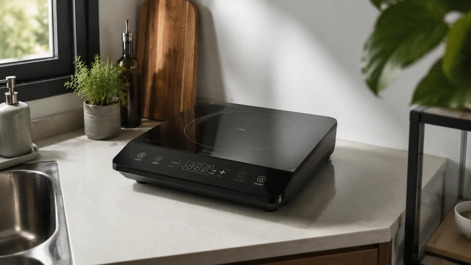 Duxtop 9100MC portable induction cooktop on a small apartment kitchen counter with a stainless steel pan on top