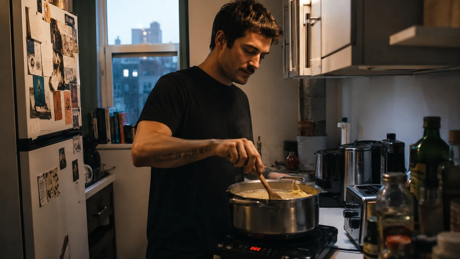 Person stirring a pot of pasta on the Duxtop induction cooktop in a narrow apartment kitchen