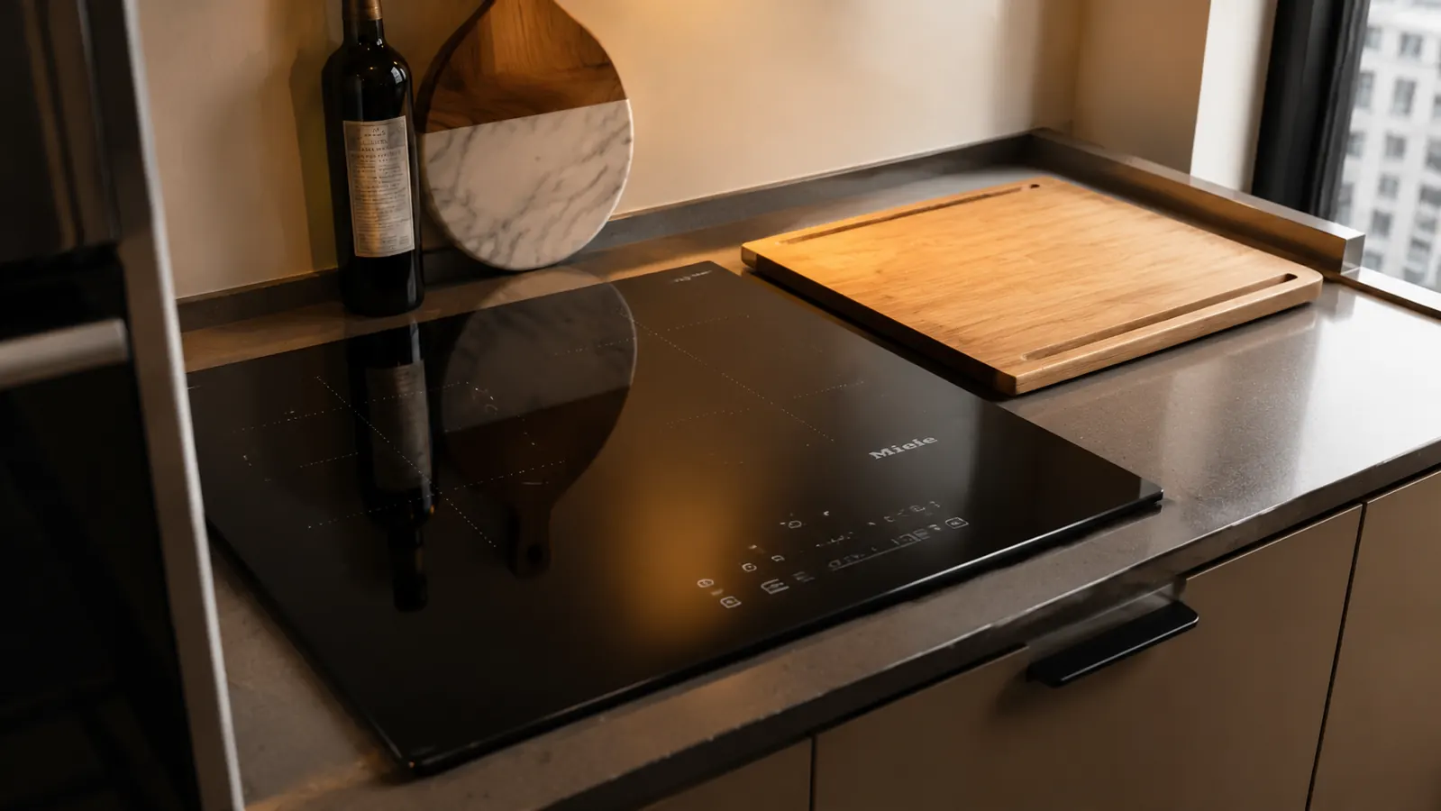Duxtop 9100MC induction cooktop on a compact apartment kitchen counter with a stainless steel skillet on the surface