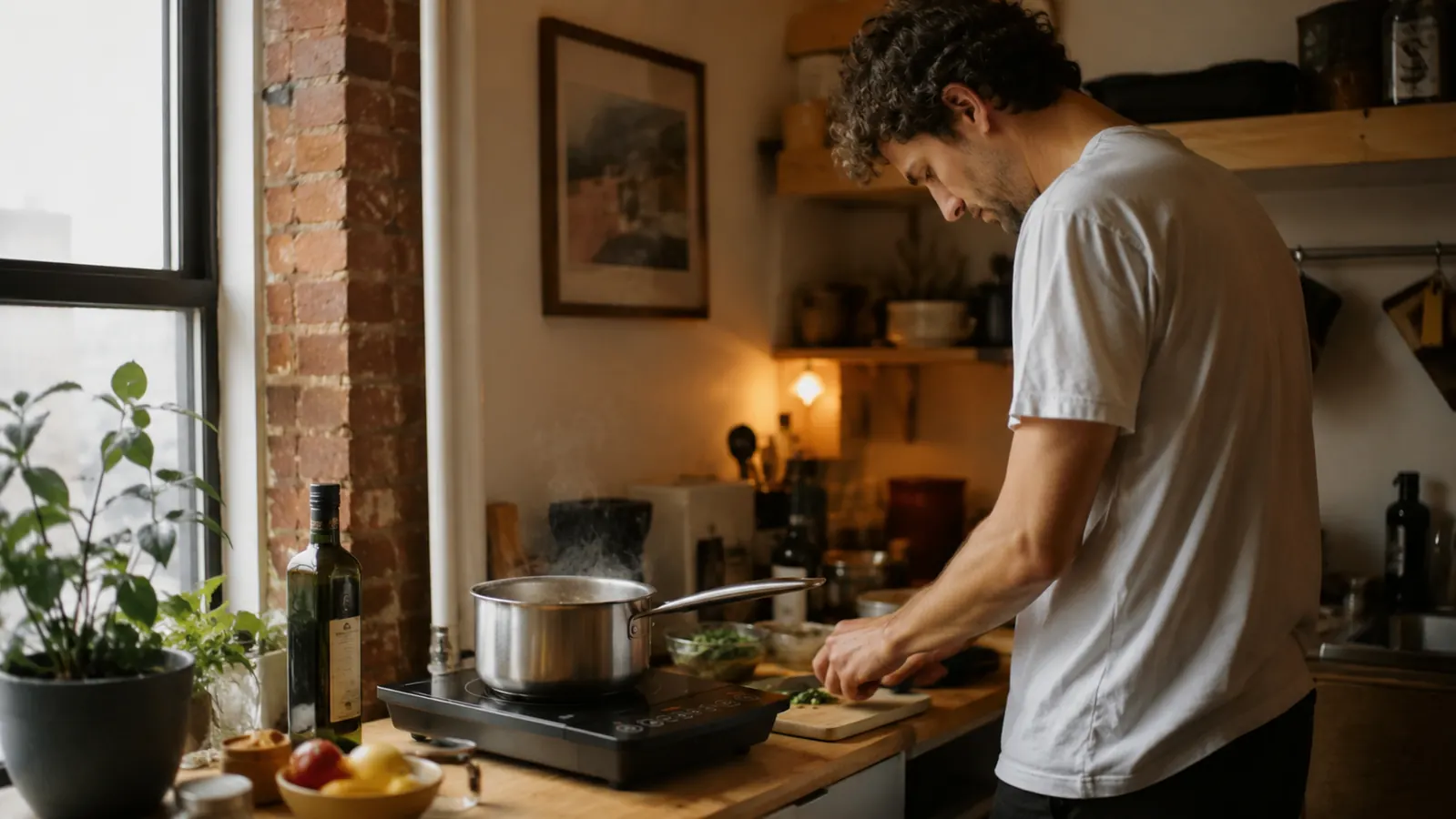 Compact studio apartment kitchen with a portable induction cooktop on a small counter, pot of pasta on the burner, warm evening light through a window