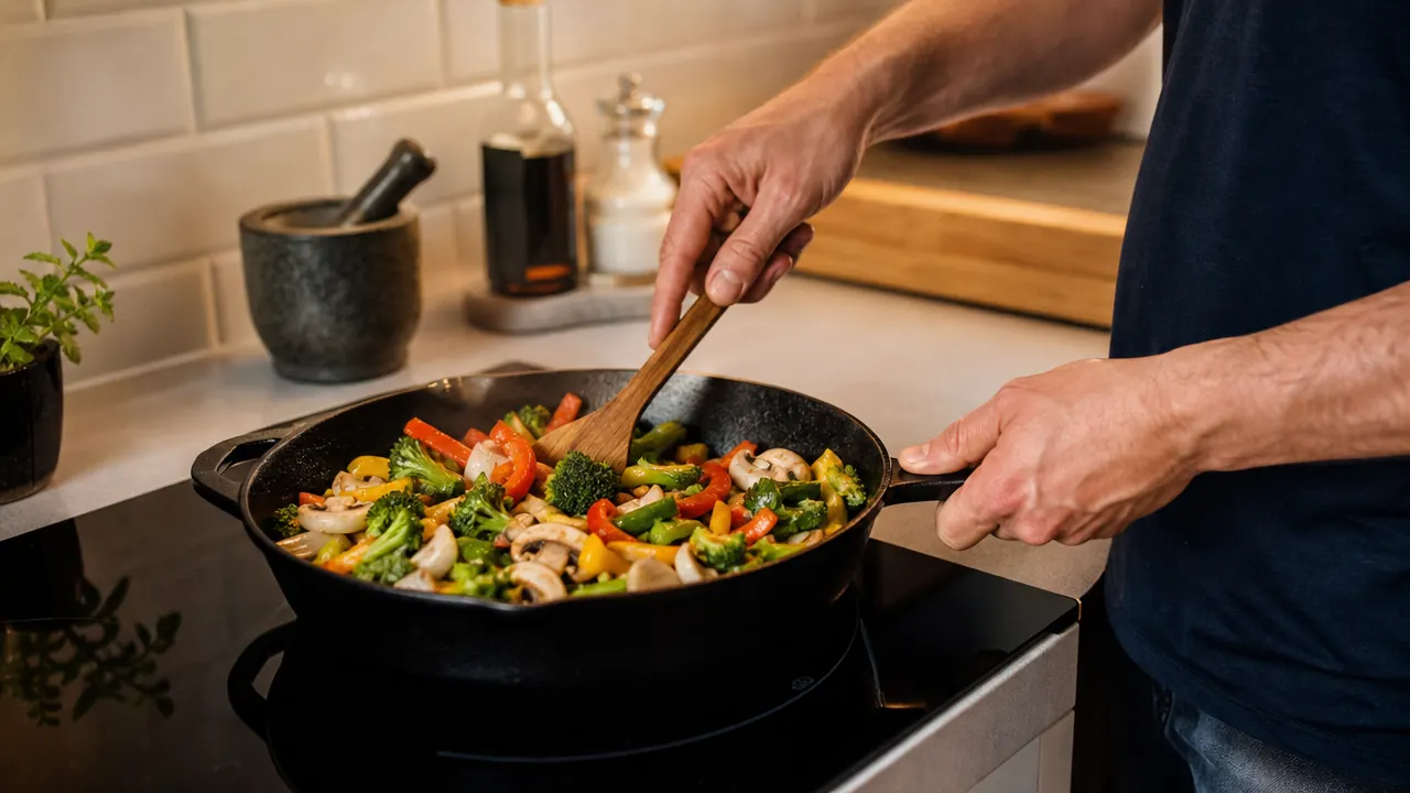 Induction cooktop with a cast iron skillet cooking vegetables in a small kitchen
