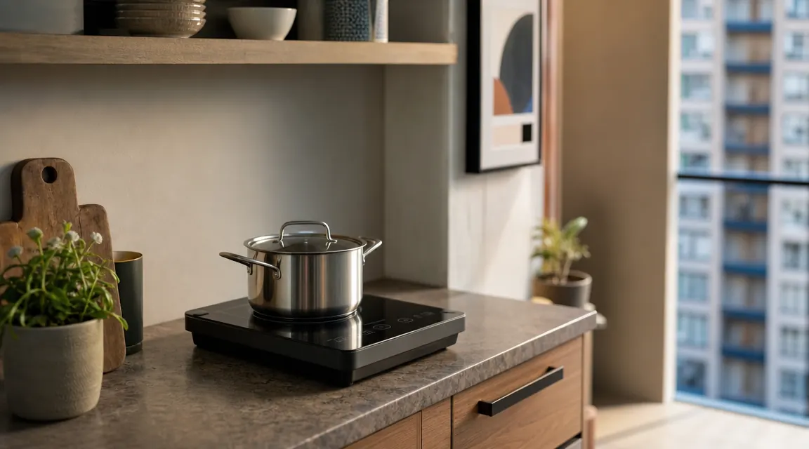 Duxtop 9100MC induction cooktop on a small apartment kitchen counter with a stainless steel pot