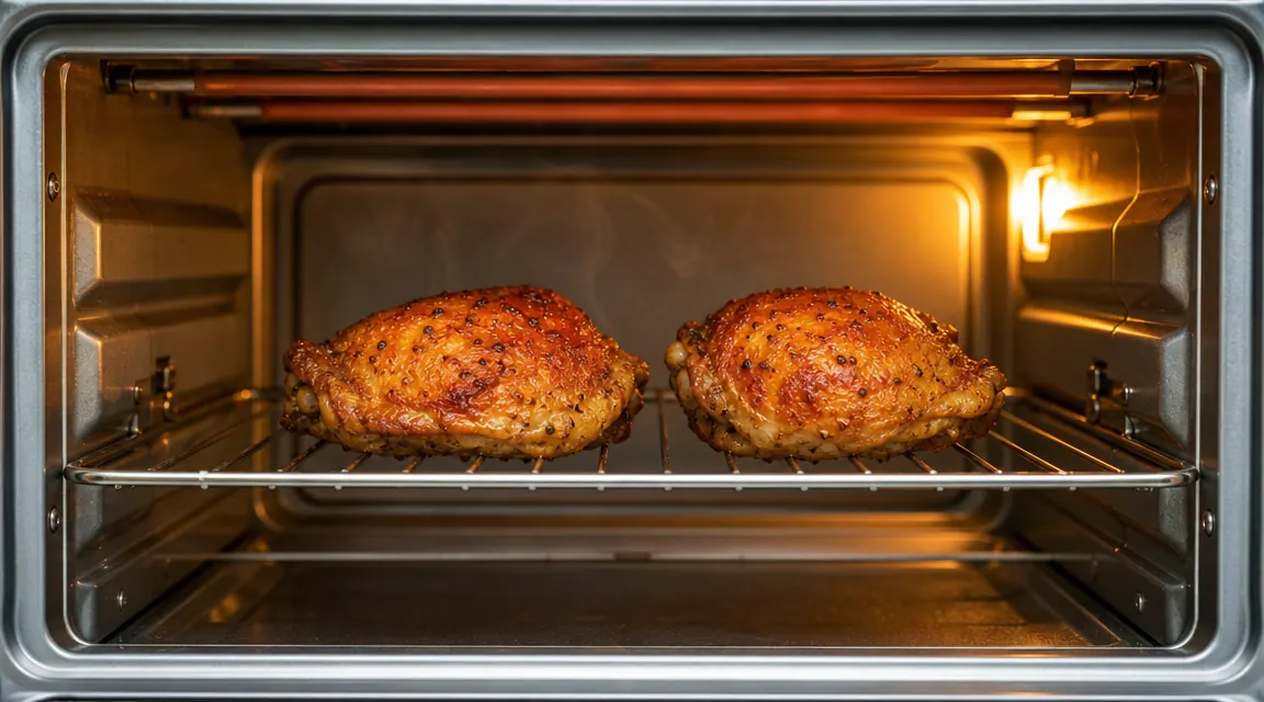 Golden-brown roasted chicken thighs resting on a small wire rack inside a compact countertop oven