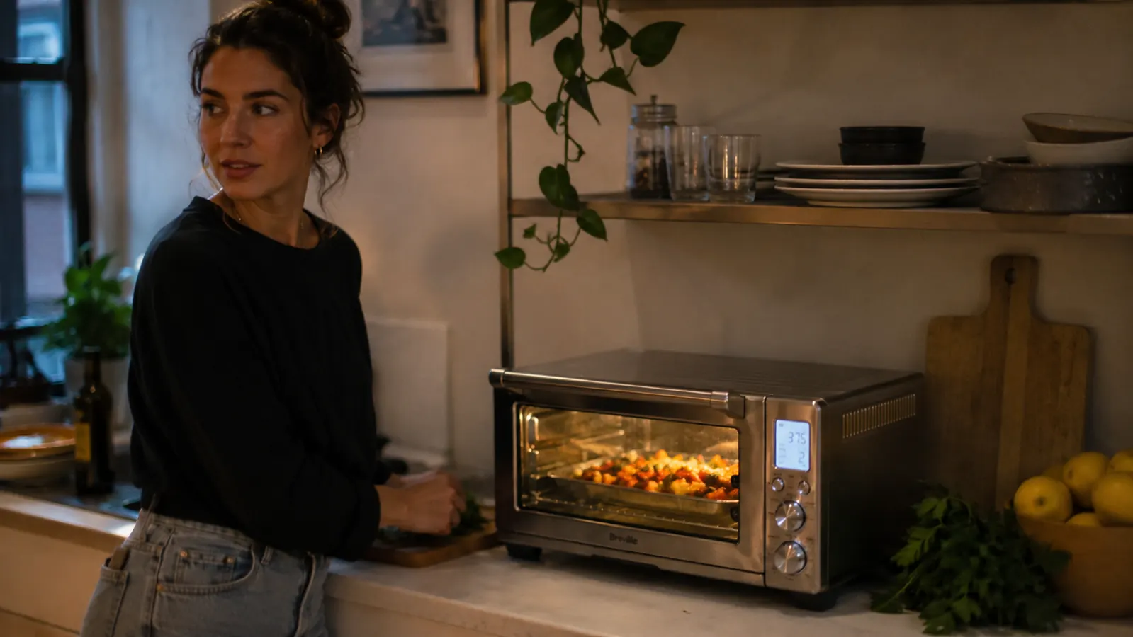 Compact Breville toaster oven on a small apartment kitchen counter with roasted vegetables visible through the glass door