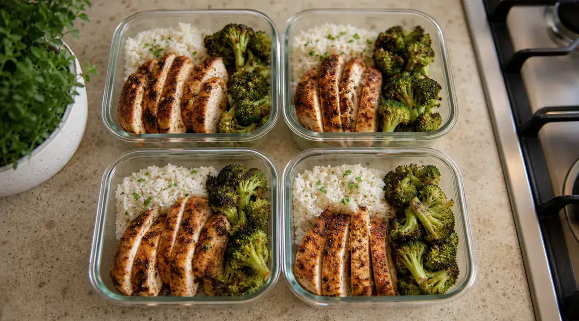 Meal prep containers with portions of protein, roasted vegetables, and grains lined up on a small kitchen counter