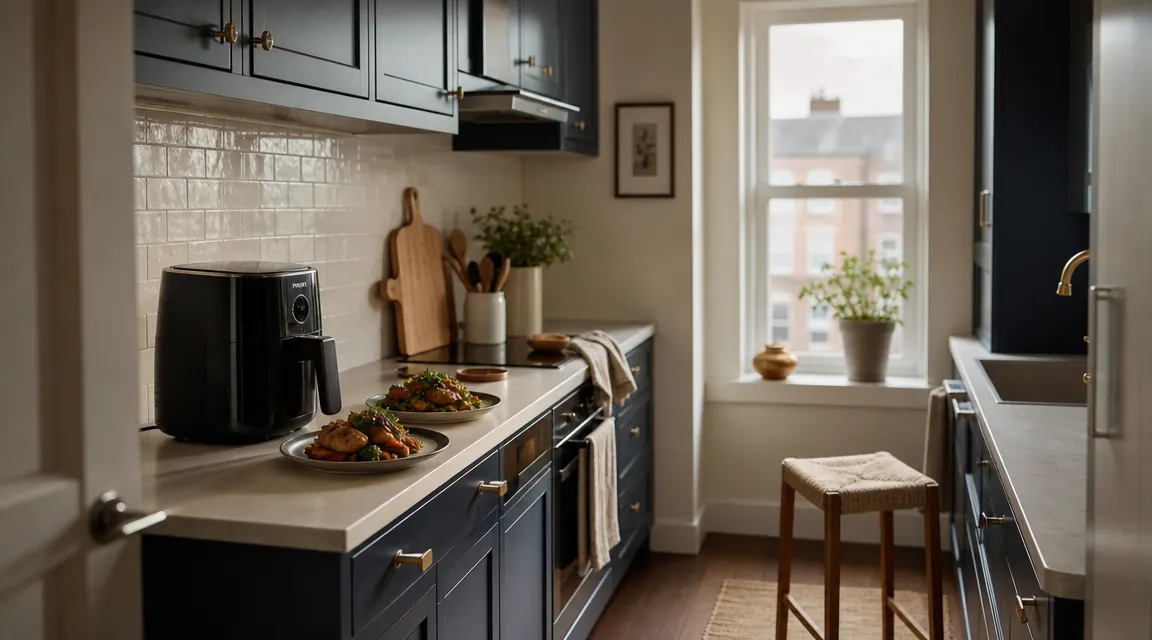 Compact air fryer on a small apartment kitchen counter next to a single pot, two plates of food ready beside it