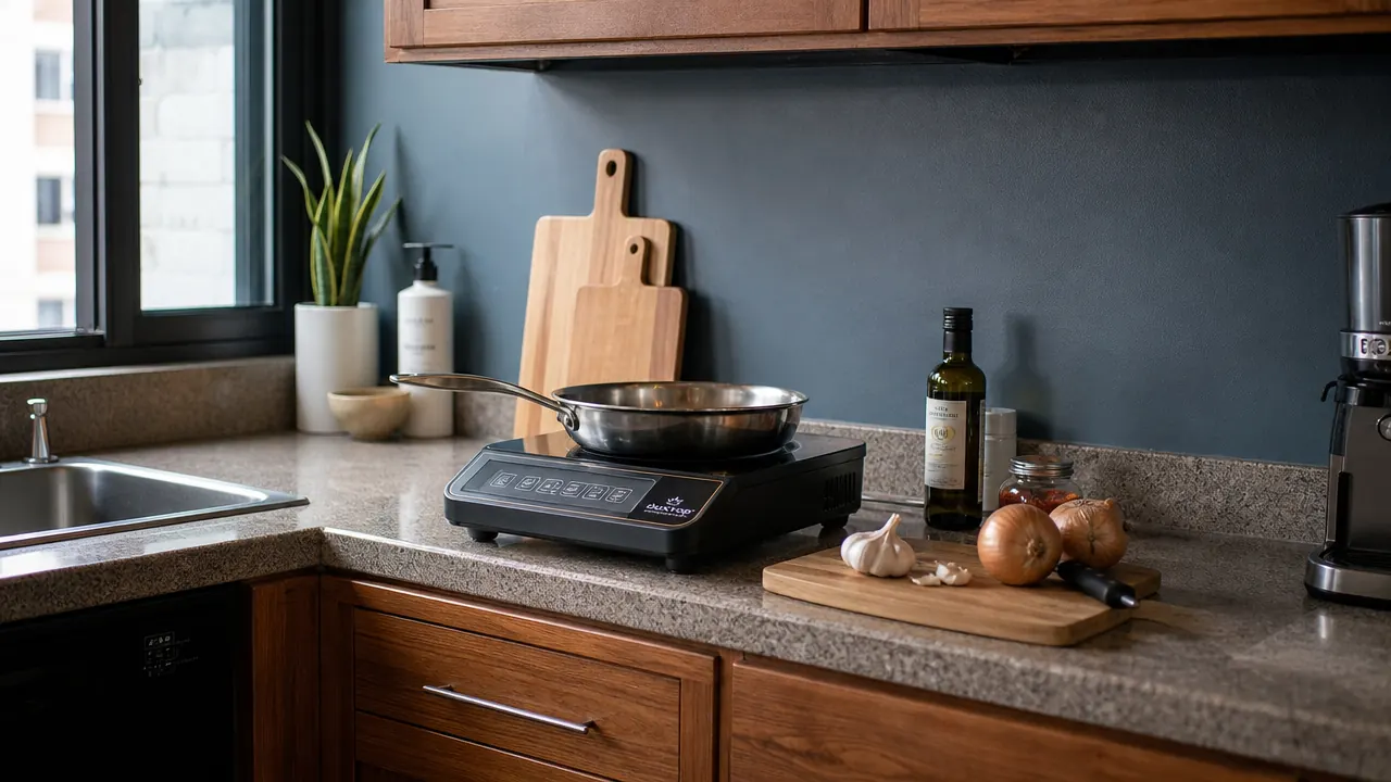 Portable induction cooktop on a compact apartment kitchen counter with a stainless skillet heating up, small cutting board and vegetables nearby