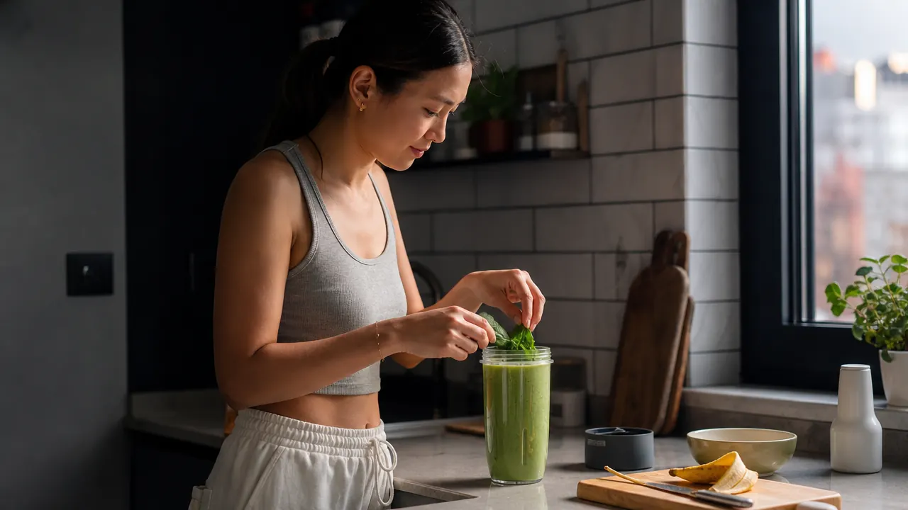 Personal blender cup filled with green smoothie on a small apartment kitchen counter next to a cutting board