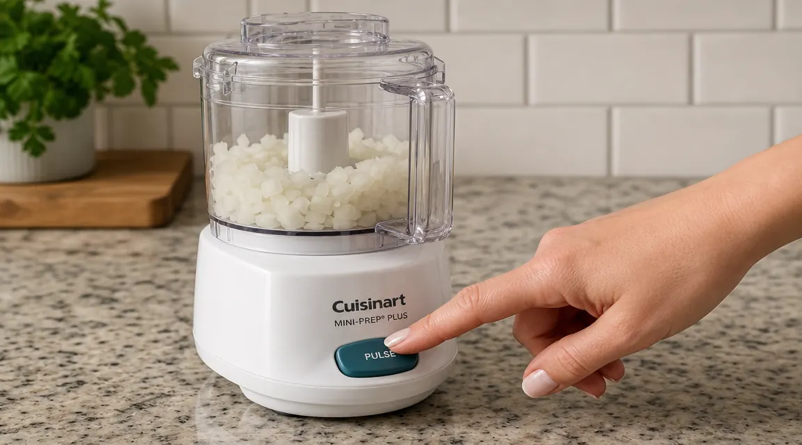 Hand pressing the pulse button on a white mini food processor with diced onion visible through the clear bowl lid