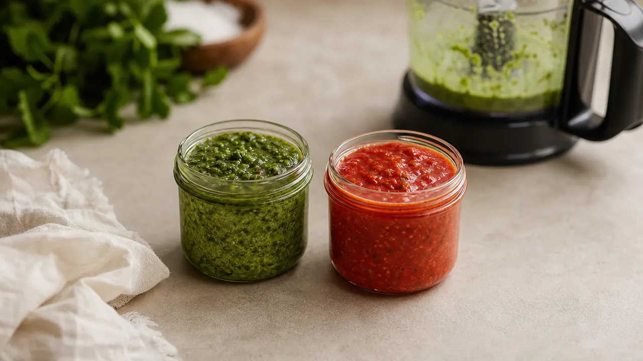 Small glass jars of homemade herb sauce and pureed tomato sauce on a counter next to a compact food processor