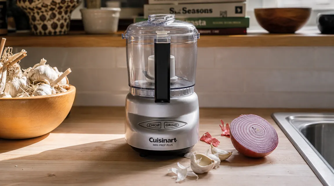 Compact mini food processor on a small apartment kitchen counter next to a cutting board with chopped onions and garlic