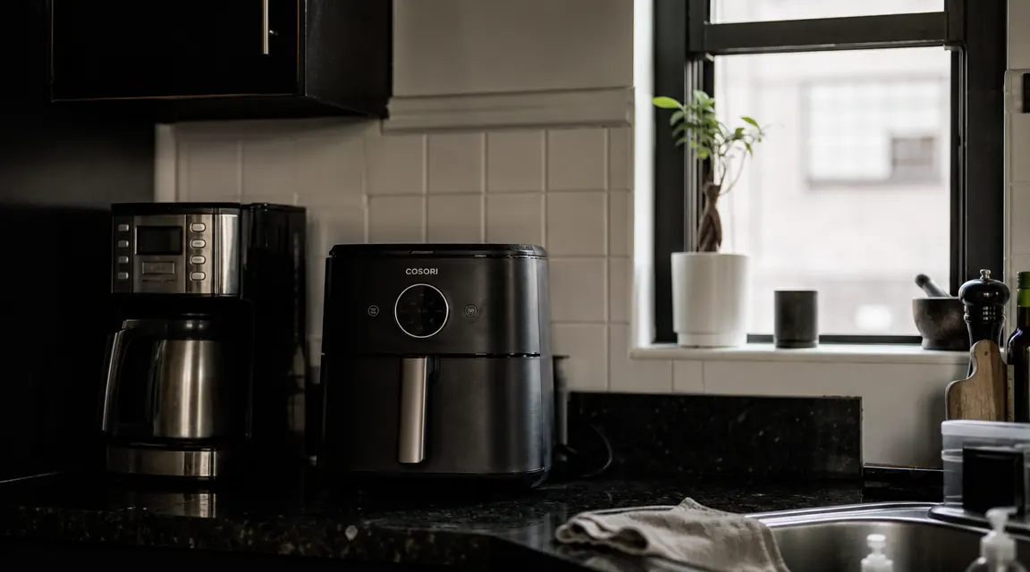 Ninja AF101 4-quart air fryer sitting on a small apartment kitchen counter next to a coffee maker, warm morning light