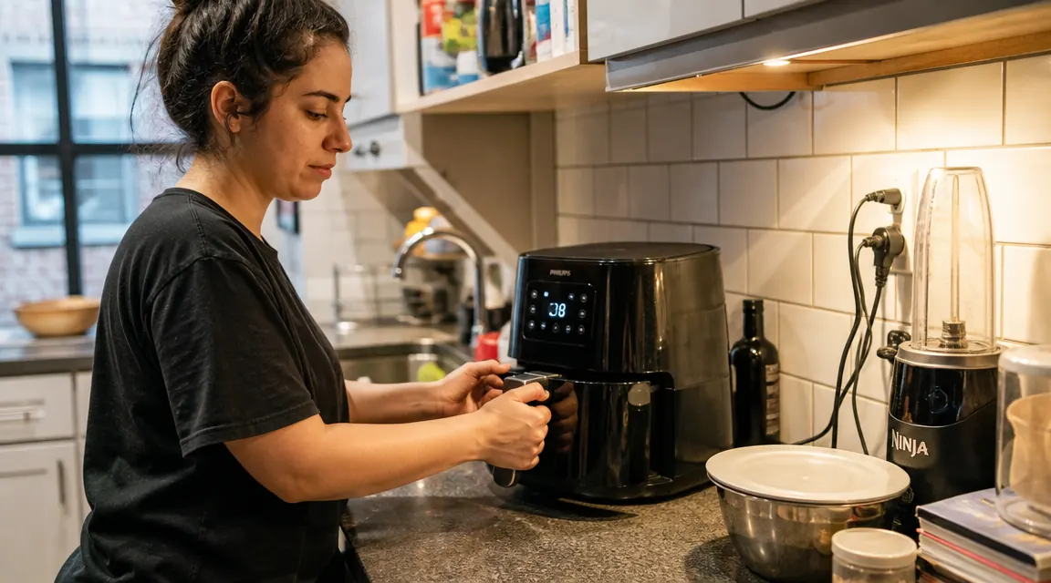 Ninja AF101 air fryer sitting on a narrow apartment kitchen counter next to a toaster, showing its square footprint in a tight space