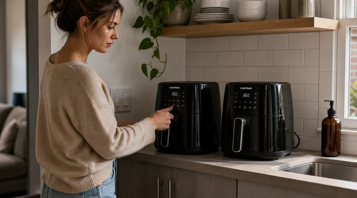 Two compact air fryers side by side on a small apartment kitchen counter with white tile backsplash