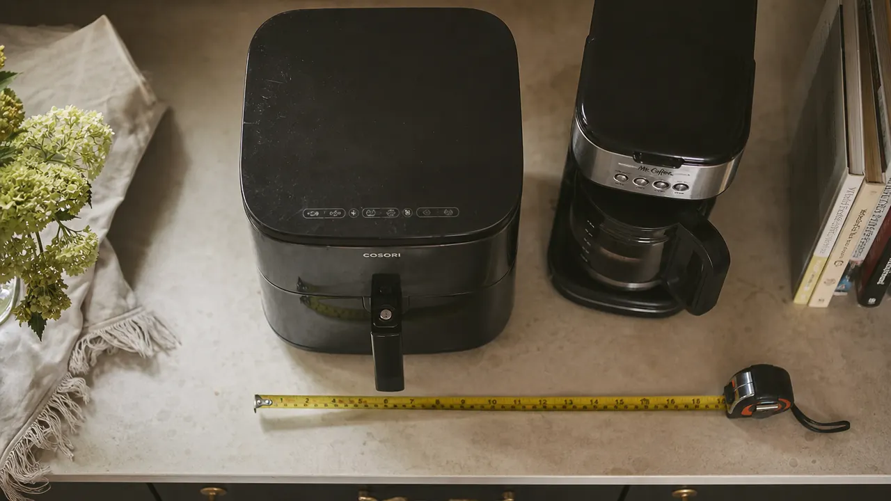 Top-down view of a small apartment kitchen countertop showing the Ninja air fryer footprint next to a coffee maker, measuring the tight space