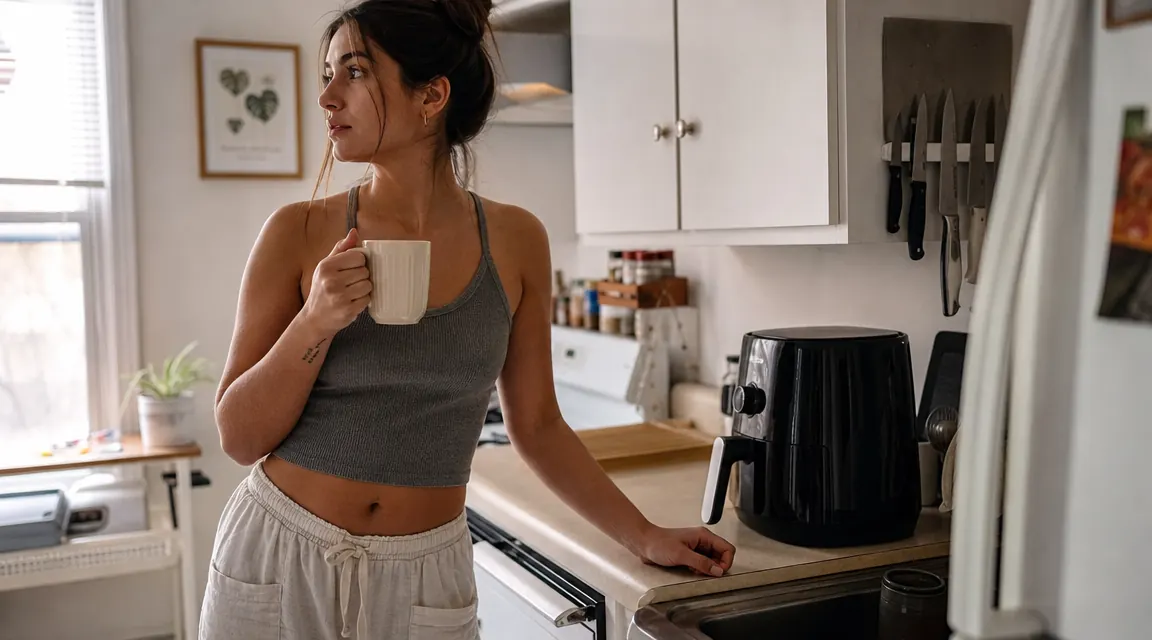 Compact studio apartment kitchen with a small Ninja air fryer on the counter beside a window, warm morning light