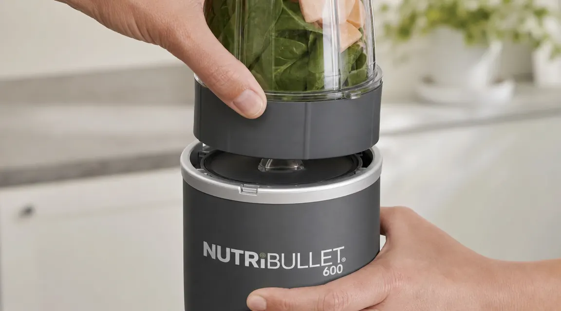 Hand attaching the NutriBullet blade cup to the motor base, close-up of the twist-lock connection