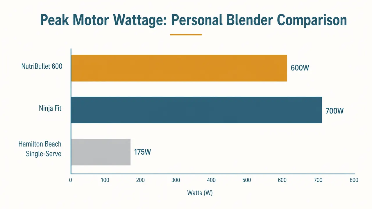 Chart comparing NutriBullet 600W motor output against Ninja Fit and a full-size blender at equal wattage
