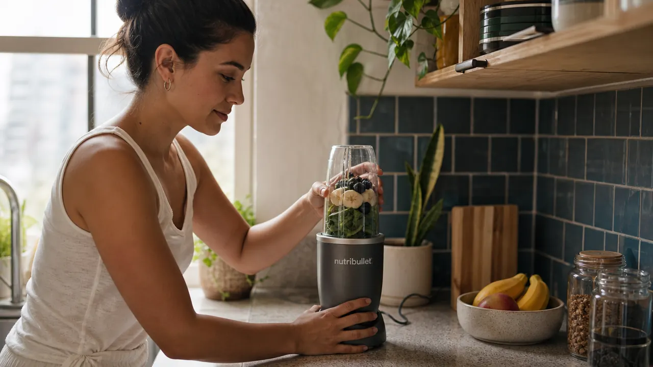 NutriBullet 600 blender base and tall cup on a compact kitchen counter next to a window