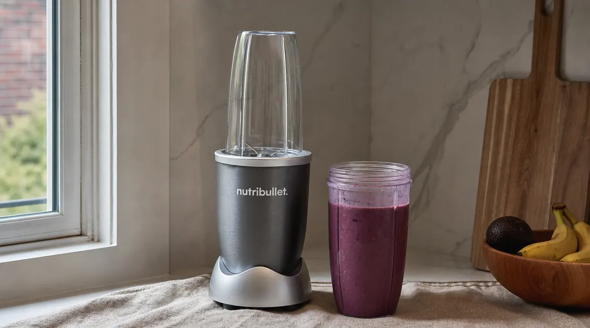 NutriBullet 600 blender on a small apartment kitchen counter next to a window, morning light, single smoothie cup filled with berries and spinach