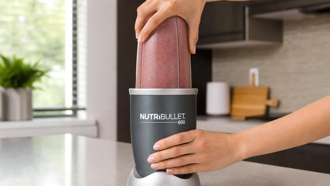 Hand attaching the NutriBullet 600 cup to the motor base to blend a smoothie