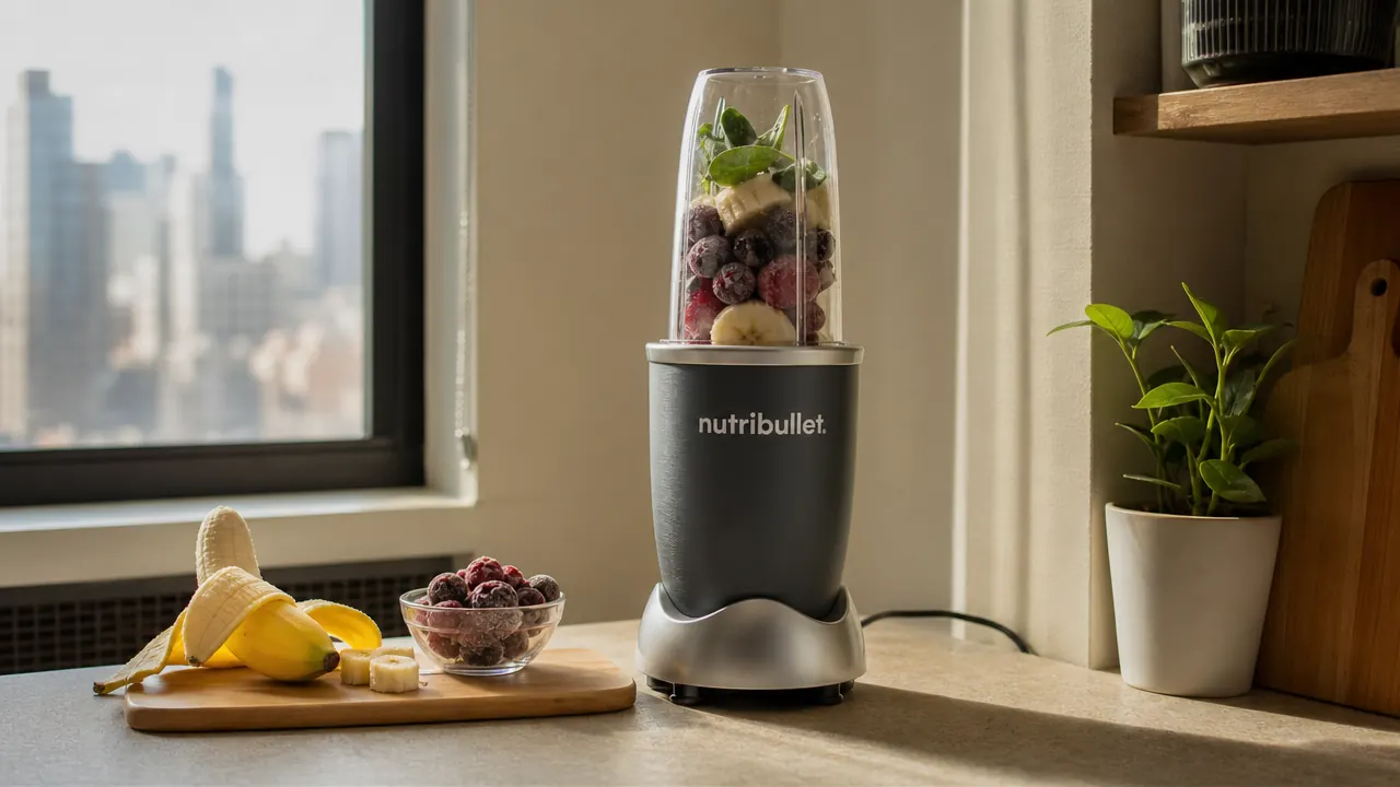 NutriBullet 600 personal blender on a compact apartment kitchen counter next to a small cutting board and fruit