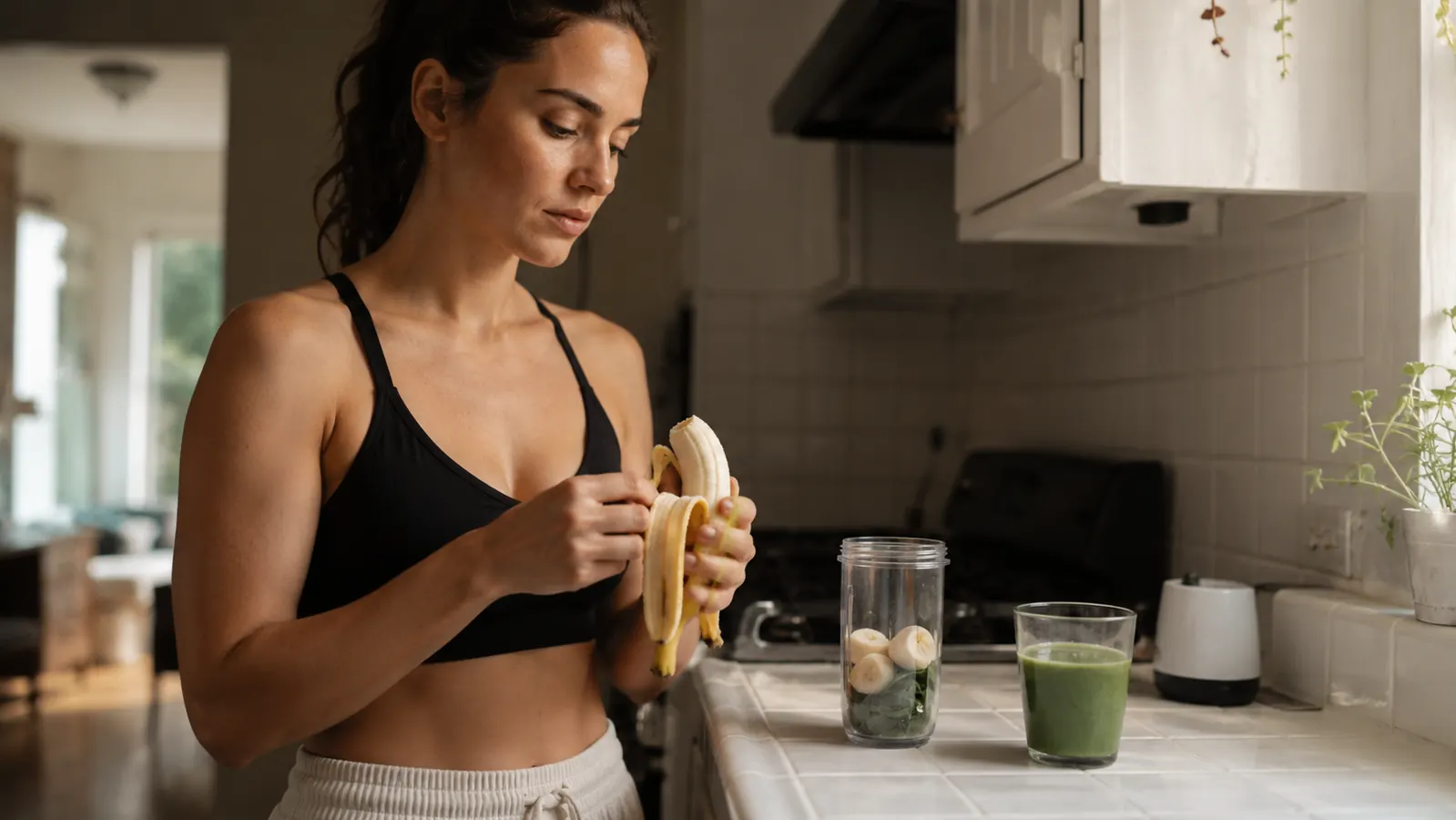 Compact personal blender sitting on a narrow apartment kitchen counter next to a glass of green smoothie in morning light